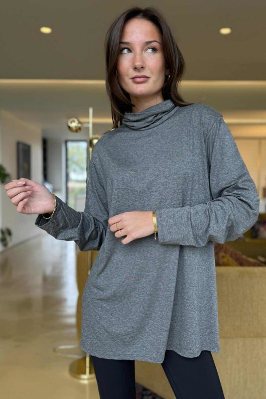 Essential Fine Jersey Polo Neck Top Grey Marl